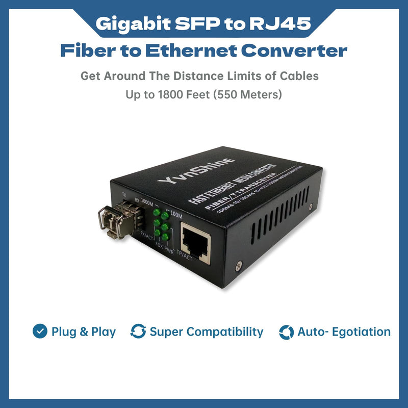 YvnShineGigabit Fiber Media Converter 2-Pack, MultiMode LC to RJ45 | Includes 2X 1.25G SFP Modules (850nm, 550m), 10/100/1000Base-Tx to 1000Base-SX Network Extension Kit Black 2 PCS MultiMode Dual LC
