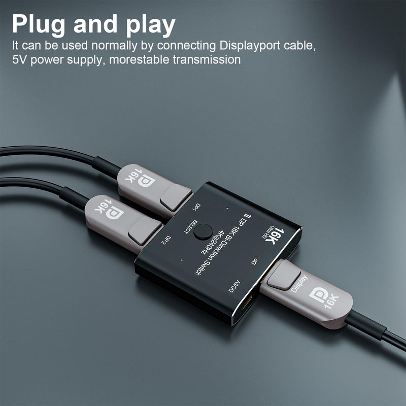 CABLEDECONN DisplayPort 2.1 8K 10K 16K DP Video Switch Bi-Direction Ultra HD 8K@120Hz 4K@240Hz Splitter Converter for Multiple Source and displays dp 16k switch 2x1