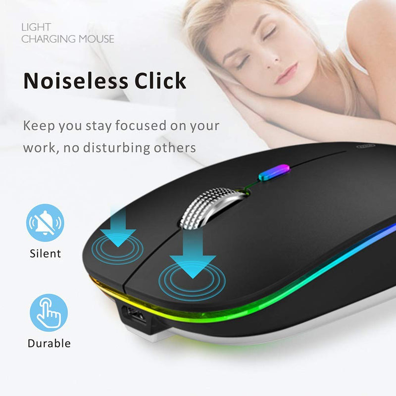 LED Wireless Mouse, Uiosmuph G12 Slim Rechargeable Wireless Silent Mouse, 2.4G Portable USB Optical Wireless Computer Mice with USB Receiver and Type C Adapter (Matte Black) Matte Black