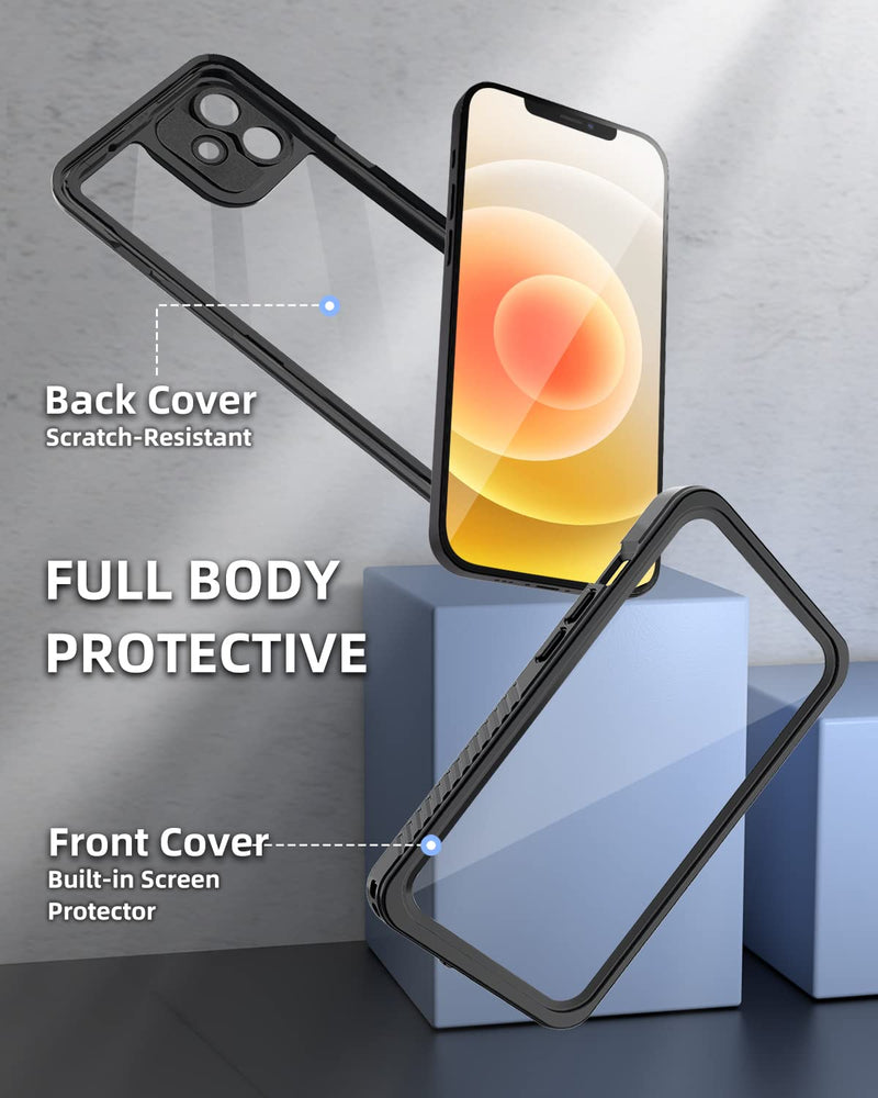WIFORT for iPhone 12 Mini Waterproof Case Built-in Screen Protector Water Resistant Cover Protective Drop Protection Hard, Shockproof Full Body Defender Tough Military Grade - 5.4" Black