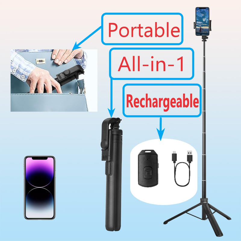 66" Selfie Stick Tripod for Cell Phone & Camera, All in 1 Expandable Phone Tripod with Remote Control and Rotate Phone Holder, Portable Tripod for iPhone/Goproo and Cameras.(black) black