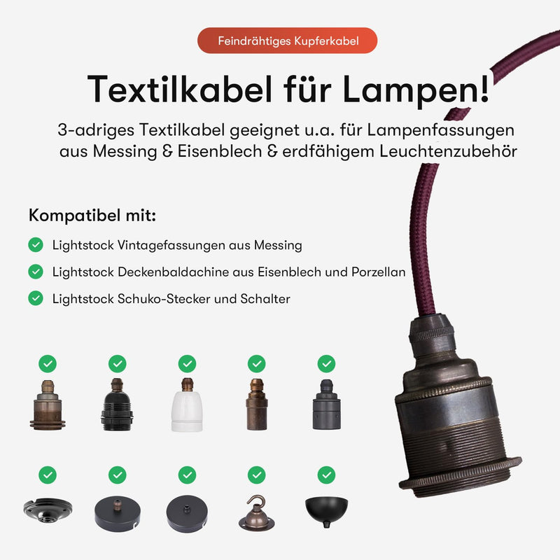 Textile Cable for Lamps, Textile-Coated Round Cable, Three-Core, 3 x 0.75 mm², Gold, black 3 Meter