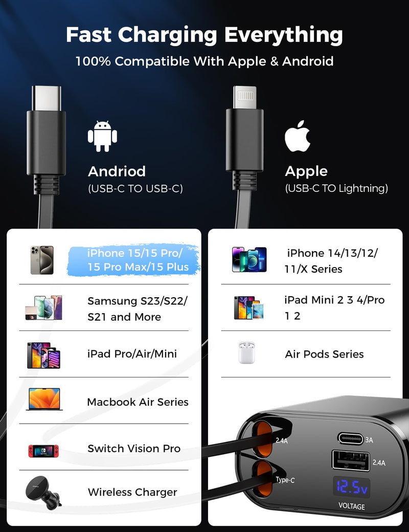 【Upgraded】 SUPERONE Retractable Car Charger 4 in 1, Fast Car Phone Charger with Cord 2.6ft, USB C and Lightning Car Charger Adapter, Compatible with iPhone 15/15 Pro Max/14/13/12/11, Galaxy, Pixel Black