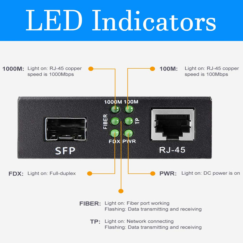 A Pair of Gigabit Single Mode Media Converter with 10m OS2 LC to LC Fiber Cable, 2 Pcs Fiber to Ethernet Converter, 2 pcs SFP LX Modules, 1000Base-LX to 10/100/1000M RJ45, SMF, 1310nm, up to 20km