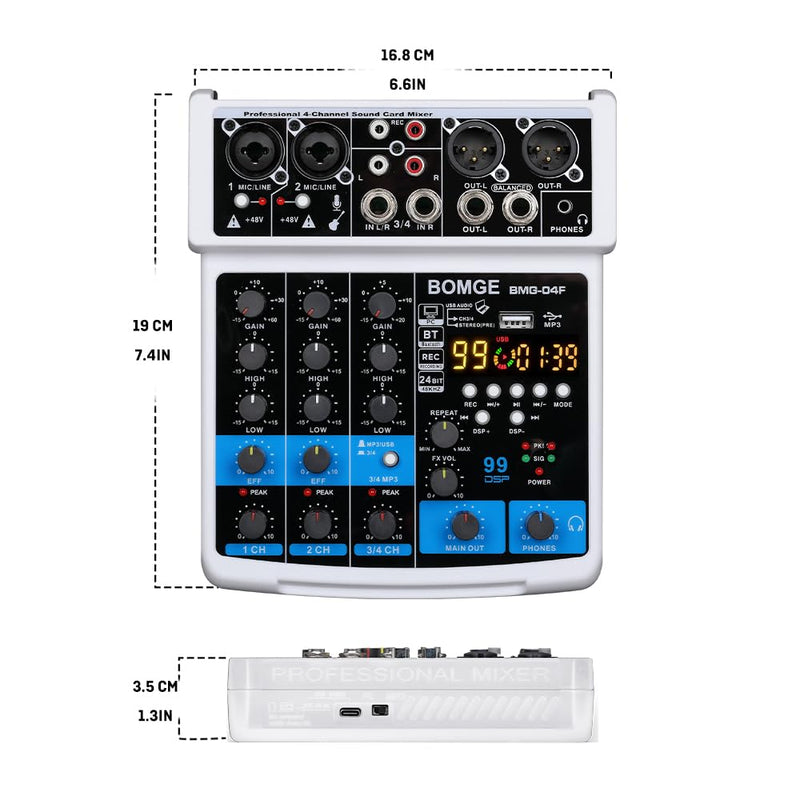 BOMGE 4 Channel mini DJ Audio Sound Mixer Interface with MP3、 USB, Bluetooth, Stereo Recording, 48V Phantom Power, 99 DSP for karaoke, performance, church singing 、 podcas streaming- white WHITE-04F