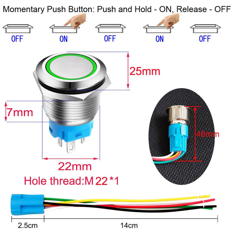 0.87 Inch/22mm Stainless Steel Momentary Push Button SPDT 110V-220V/3A LED 1NO1NC ON/Off Waterproof with Wire Socket Plug (Green LED) green /110-220V