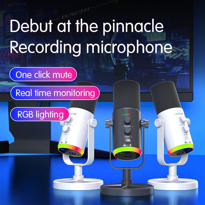 USB/XLR Dynamic Microphone for Podcasting, Gaming Streaming Mic with RGB Light, Mute Button, Noise Cancellation, Desktop Stand