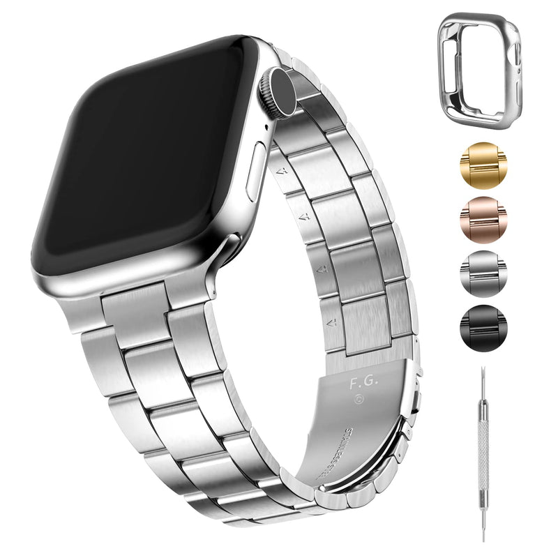 Fullmosa Compatible Stainless Steel No tools needed Apple Watch Band 41mm/40mm/38mm Silver with Case & Compatible Leather iWatch Band 41mm/40mm/38mm,Brown+Rose Gold