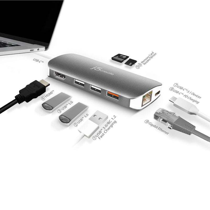 j5create USB-C 9-in-1 Multi Adapter Multi Adapter HDMI/Ethernet/USB 3.1 | SD and MicroSD/PD 3.0 | 4K HDMI for MacBook | ChromeBook |USB-C Devices (JCD383) JCD383-FBA