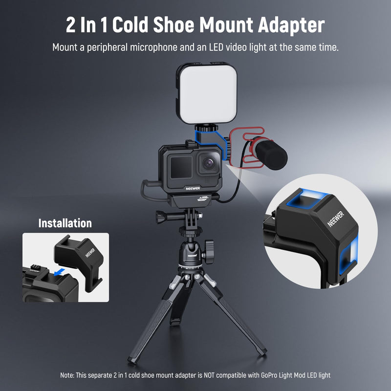 NEEWER Video Rig Cage Compatible with GoPro Hero 12 11 10 9 Light Mod Max Lens Mod, Durable Plastic with 3.5mm Media Audio Mic Adapter Mount, Cold Shoe Adapter, Battery Cover for Vlogging, AC007