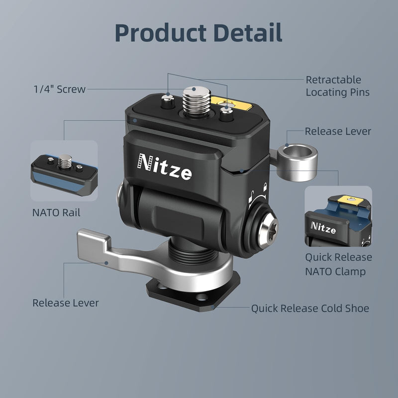 [AUSTRALIA] - Nitze Quick Release Camera Monitor Mount (NATO Rail with 1/4” Screw and Retractable Pins to Cold Shoe), Field Monitor Mount with Adjustable NATO Clamp, 170° Tilt and 360° Pan - N54-S1 