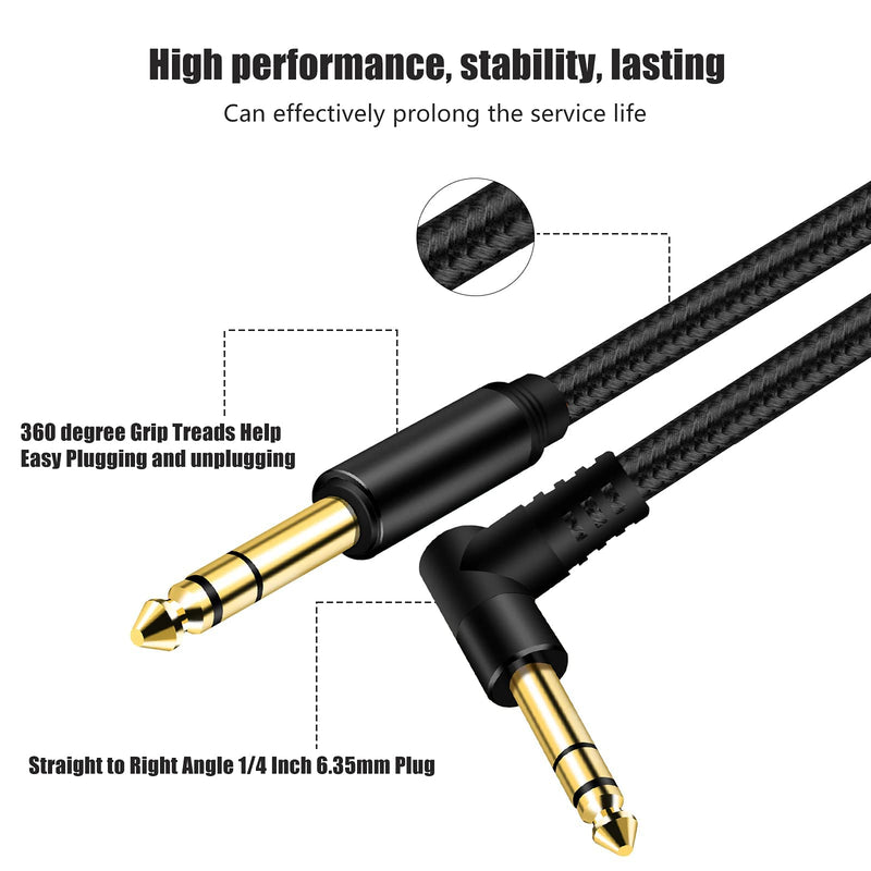 1/4 Inch TRS Instrument Cable 3Ft, 6.35mm TRS to 6.35mm TRS Stereo Audio Cable Male to Male Right-Angle-to-Straight for Electric Guitar, Bass, Keyboard,Mixer,Amplifier,Speaker,Equalizer... Black