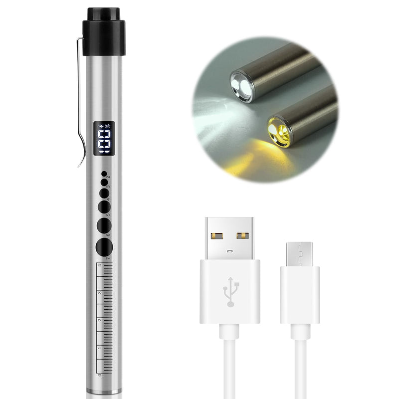 Flintronic Upil Light Medicine, 1 Piece Diagnostic Light with Digital Display, Pupil Meter and Ruler, Rechargeable USB LED Pen Lamp for Nurses, Students, Doctors (Silver) Type-c silver 1pc