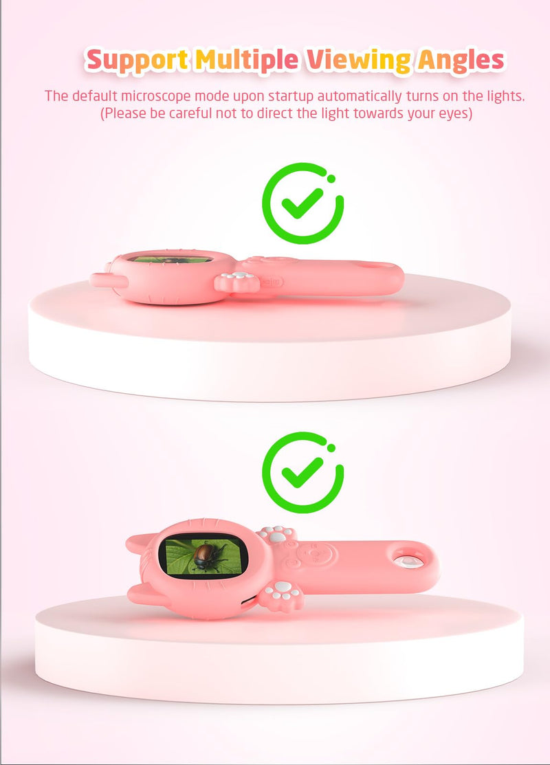 [AUSTRALIA] - 2-in-1 Microscope Camera for Kids, Mini Handheld Microscope Supporting Multiple Viewing Angles, Outdoor Educational Science Adventure Toys, Birthday Gifts for 3-10 Years Old Girls, Pink Cat 