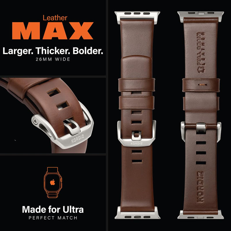 KORDIZ Modern Leather MAX Band for Apple Watch Ultra 3, Ultra 2 & Ultra (49mm) – Premium Full-Grain Leather Strap for Men, Rugged Modern Design, Stainless Steel Buckle, Comfortable Everyday Fit – 26mm Wide Leather Band ULTRA Silver 49mm | Dark Brown
