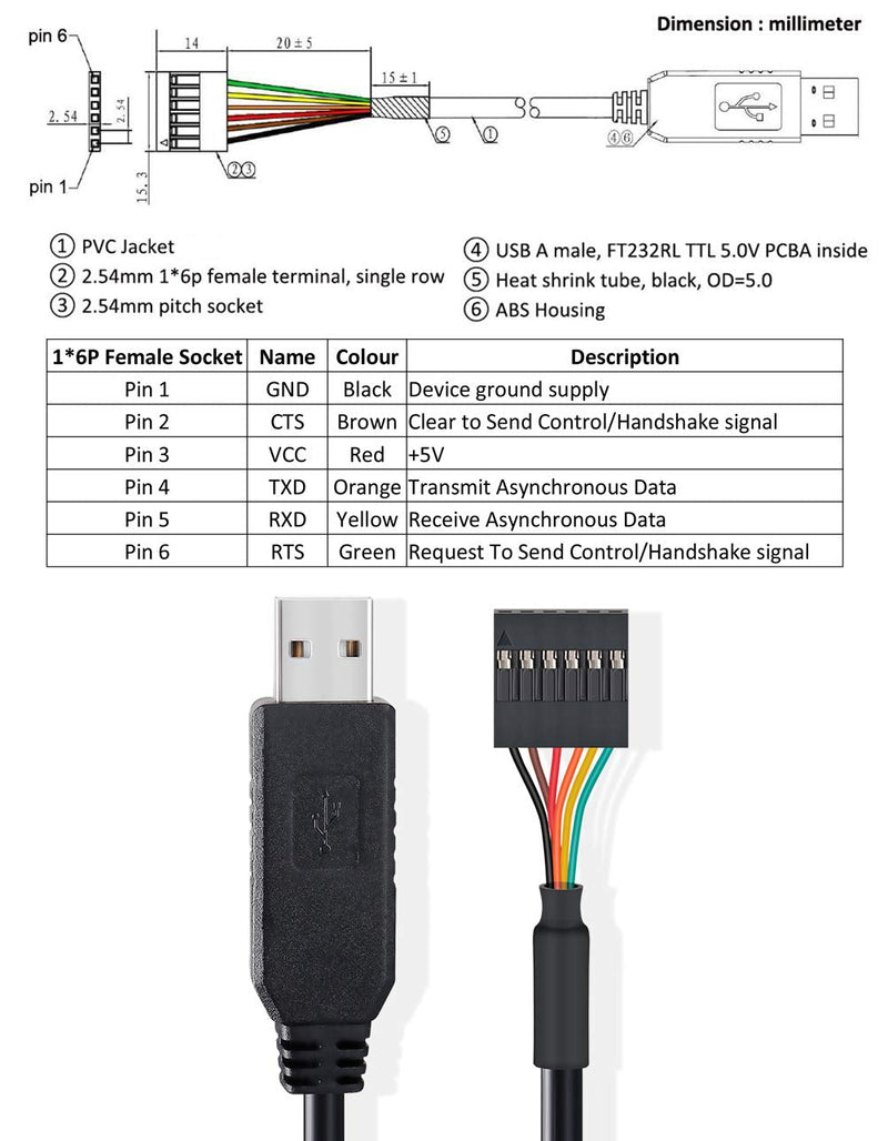 DTECH FTDI USB to TTL Serial 5V Adapter Cable 6 Pin 0.1 inch Pitch Female Socket Header UART IC FT232RL Chip Windows 10 8 7 Linux MAC OS (6ft, Black) 6ft/1.8m