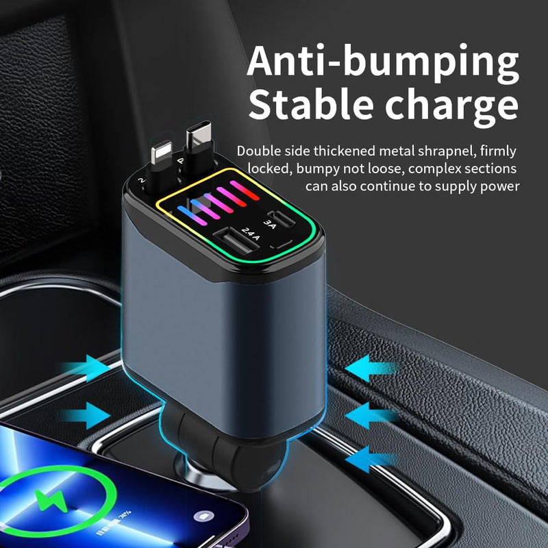 Starlight Retractable Car Charger,66W Starlight in Car roof Fast Car Chargers Adapter 4 in 1 with 2 USB Car Chargers for iPhone 16/15/14/13/12/11 and for Android USB C Cable (X1) X1