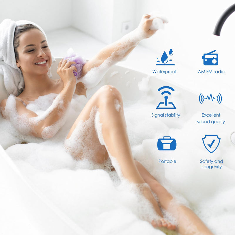 Shower Radio Built in Speaker, Hanging Bathroom Radio with Rotating Knob for Easy Tuning and Volume Control.