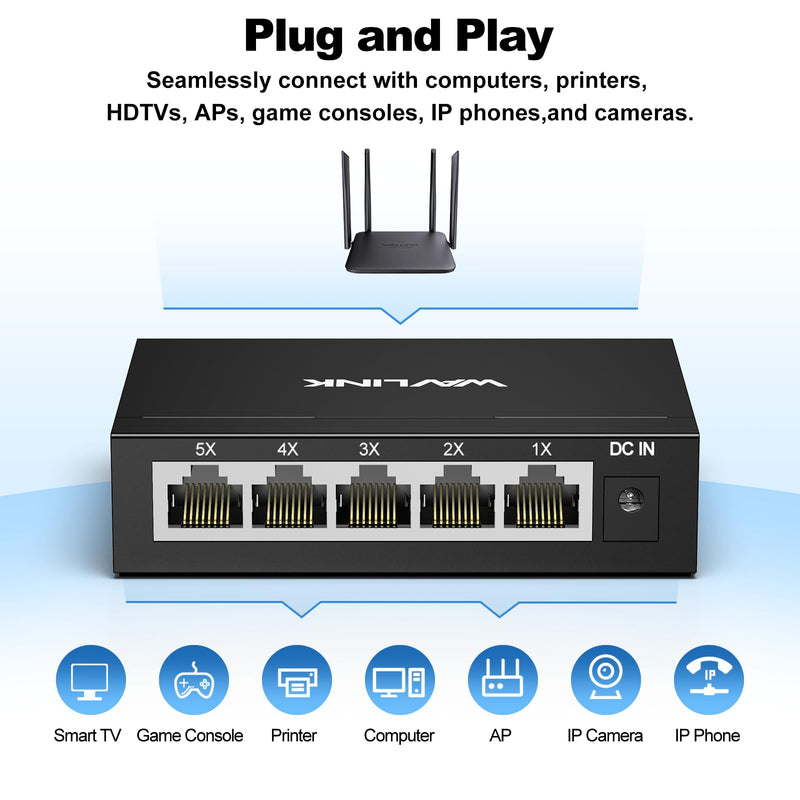 WAVLINK 5-Port Gigabit Ethernet Unmanaged Switch, Home Network Hub, Office Ethernet Splitter, Plug & Play, Desktop/Wall Mount, Silent Operation, Metal Case Non-PoE 5 Port