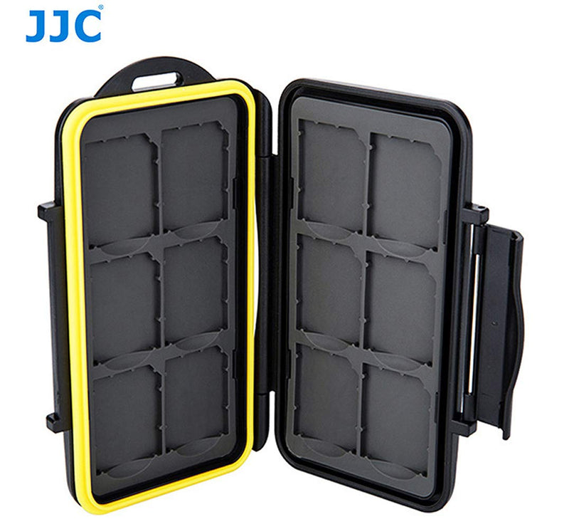 JJC MC-SD12 Ruggard SD Card Case, Shockproof SD Card Case, Water-Resistant SD Card Case, Rubber Sealed Ergonomic Locking Easy Carrying Memory Card Case Fits 12 SD Cards Black