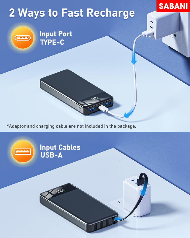 SABANI Portable Charger 35000mAh Power Bank - Portable Battery with 4 Built in Cables, 22.5W Fast Charging Battery Pack Compatible with iPhone 16 15 14 13 Samsung Android Phone etc (1 Pack, Black) A-Black
