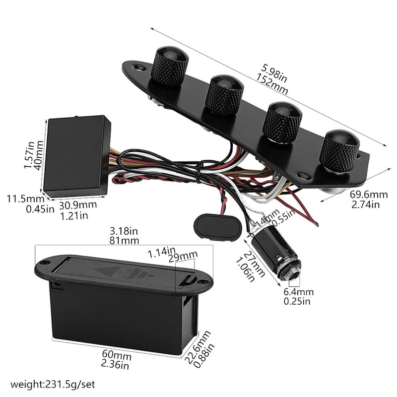 Bass Guitar Prewired Control Plate Loaded Control Board with Wiring Harness Fit for Jazz Bass Guitar Replacement Parts,Come with Metal Knobs,Potentiometers,Crcuit Set for Electric Guitar Preamp Black