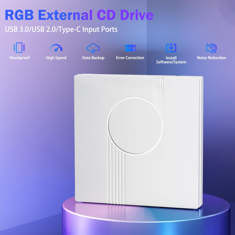 Wbacon External CD/DVD Drive for Laptop, RGB & USB 3.0 Type-C CD DVD Burner | External CD DVD Player +/-RW Optical Disc Drive, Slim CD ROM External Drive for Laptop Desktop PC Windows Mac (White) White