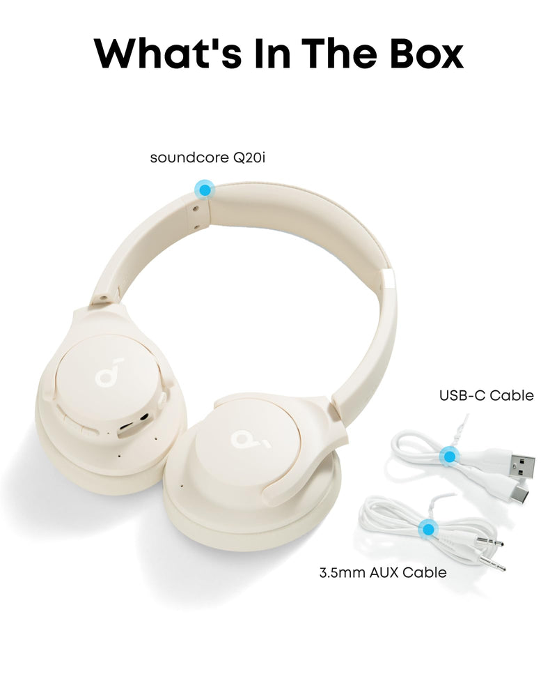 Soundcore by Anker Q20i Hybrid Active Noise Cancelling Headphones, White | Over-Ear, Bluetooth, 40H ANC Playtime, Hi-Res Audio, Big Bass, Transparency Mode, Customize via App, Travel, Home, Office Almond White Standard Modern