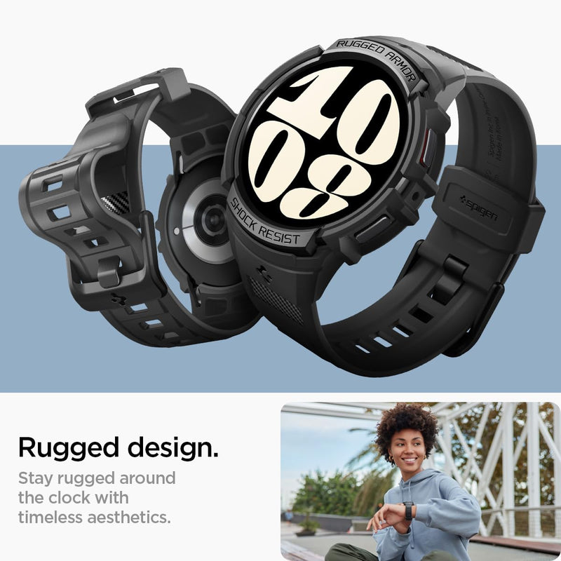 Spigen Rugged Armor Pro Case with Band and S353 Charger Stand Designed for Samsung Galaxy Watch 6 40mm - Black