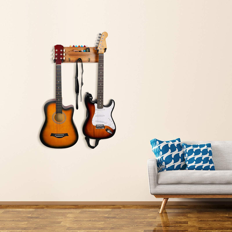 SNIGJAT Guitar Wall Mount with Rotatable Hook, Wood Guitar Hanger with Shelf and Pick Holder, Wall Stand Rack for Acoustic, Electric, Bass