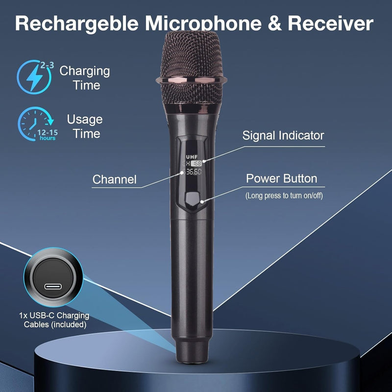 UHF Wireless Karaoke Microphone, Handheld Mics System,200 Feet | UHF stable signal, 2 rechargeable mics, plug & play receiver, 1/4" & 3.5mm output, for karaoke singing speech wedding party