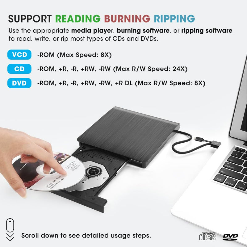 ROOFULL External CD DVD Drive for Windows 11/10/7 Laptop PC, USB 3.0 & USB-C CD DVD ROM Reader Writer +/-RW Disc Drive Burner Player Compatible for Windows OS Laptop Desktop Computer