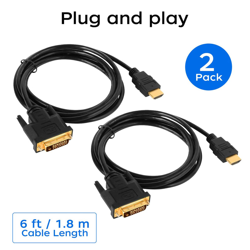 HDMI A to DVI Adapter Cable 6ft, 2 Pack Bi-Directional 1080 DVI-D to HDMI Cable Male to Male, High-Speed Gold-Plated HDMI to DVI for Raspberry Pi, Roku, X-Box One, PS3/4/5, Graphics Card