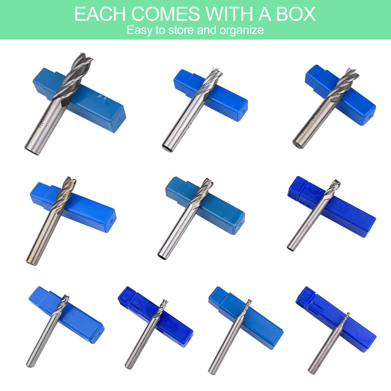 Riloventa 10 Pieces 4 Flute End Mill Cutter High Speed Steel CNC Router Bit Straight Shank Drill Bits CNC Router Bits Groove Cutter Metal with Storage Box for 2/3/4/5/6/7/8/9/10/12mm
