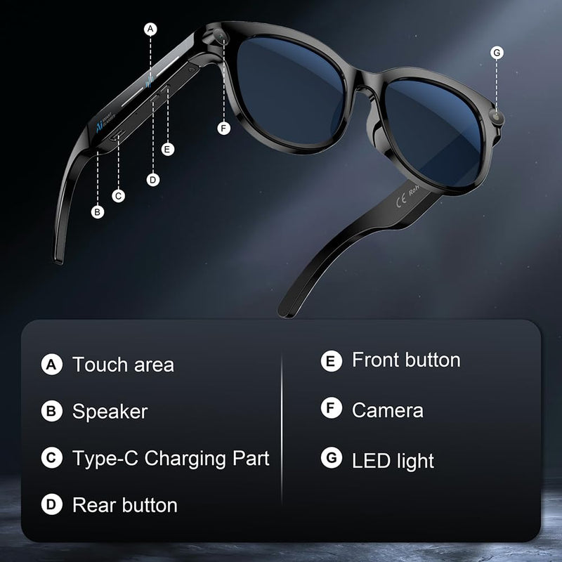 Smart Glasses with Camera, Bluetooth AI Sunglasses for Travel