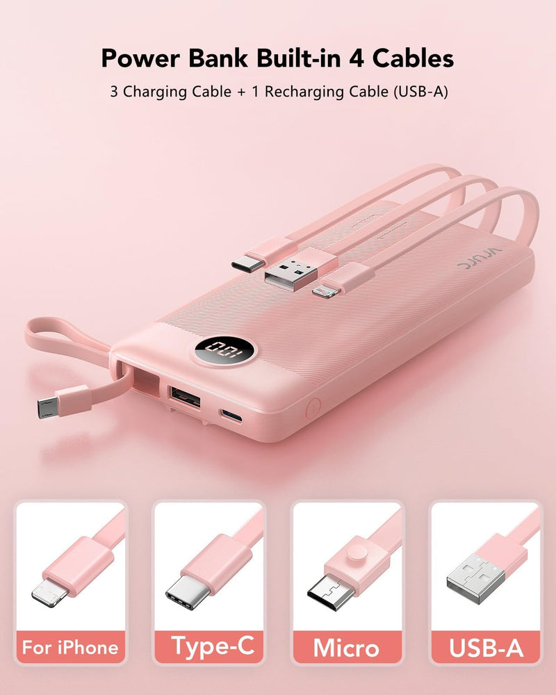 VRURC Portable Charger 10000mAh, Slim LED Display Power Bank, 5 Output 2 Input Cell Phone Battery Pack, Built-in Micro & USB C Cables Phone Charger Compatible with iPhone,Samsung,Android-Pink(1 Pack) Pink