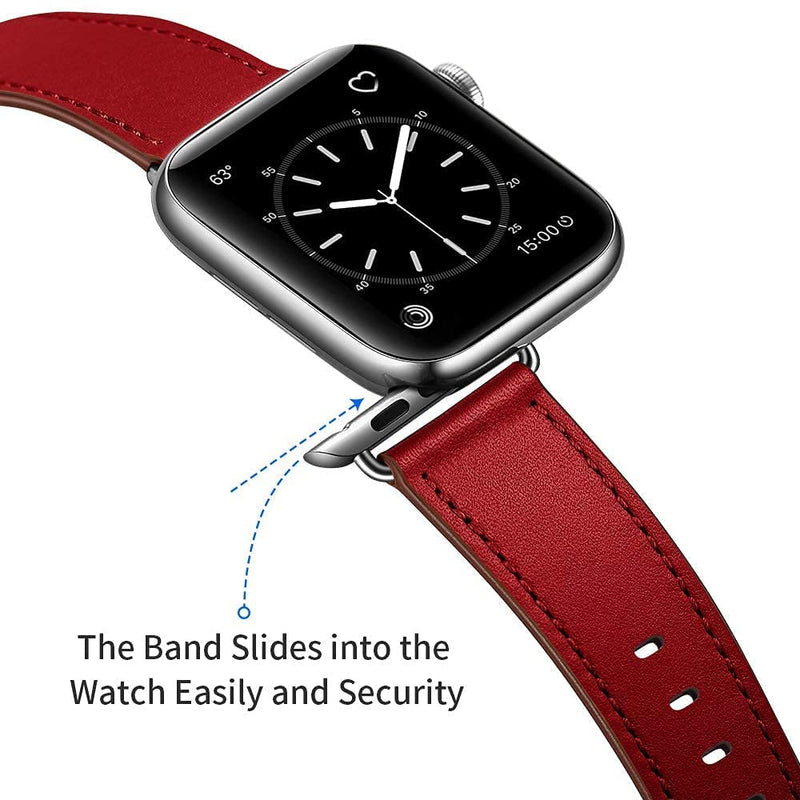 OUHENG Compatible with Apple Watch Band Genuine Leather Replacement Strap 41mm 40mm 38mm Black & Red