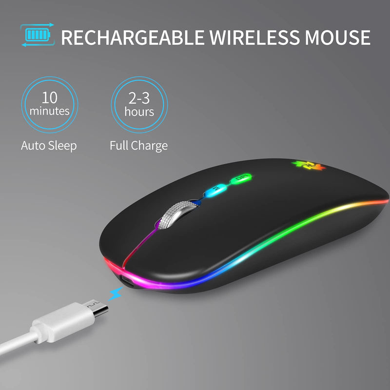LED Wireless Mouse Slim Silent Mouse 2.4G Rechargeable Wireless Computer Mouse Wireless Mouse for Laptop, MacBook, iPad, Chromebook, with USB & Type-c Receiver Black with LED Backlit