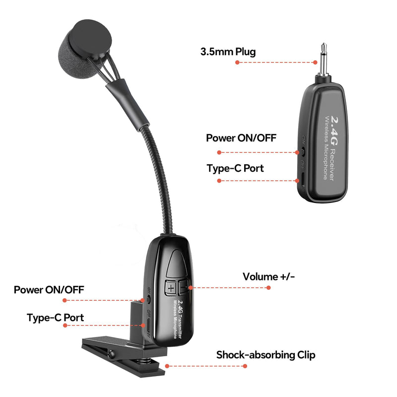 Wireless Saxophone Microphone, 2.4G Clip Instruments Mic, Rechargeable Transmitter and Receiver, 100ft Range, Great for Sax, Trumpet, Tuba, Trombone, Cornet, FrenchHorn