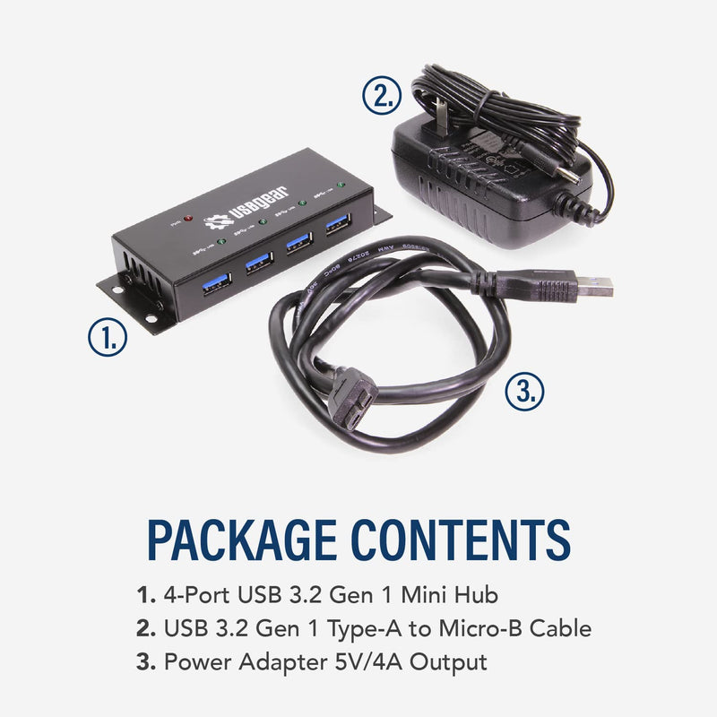USBGear Compact 4-Port USB Hub, USB 3.2 Gen 1 Data High-Power Hub w/Power Adapter, Port Status LEDs, 5 Gbps Data, Surface Mountable