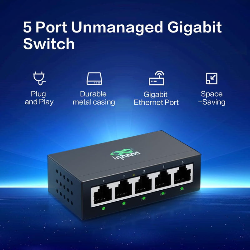 InHand ES220-5T 5-Port Unmanaged Gigabit Switch | Plug and Play Network Extender, Fanless Metal Casing, For Business, Office & Home Network 5-Port Gigabit Ethernet Switch