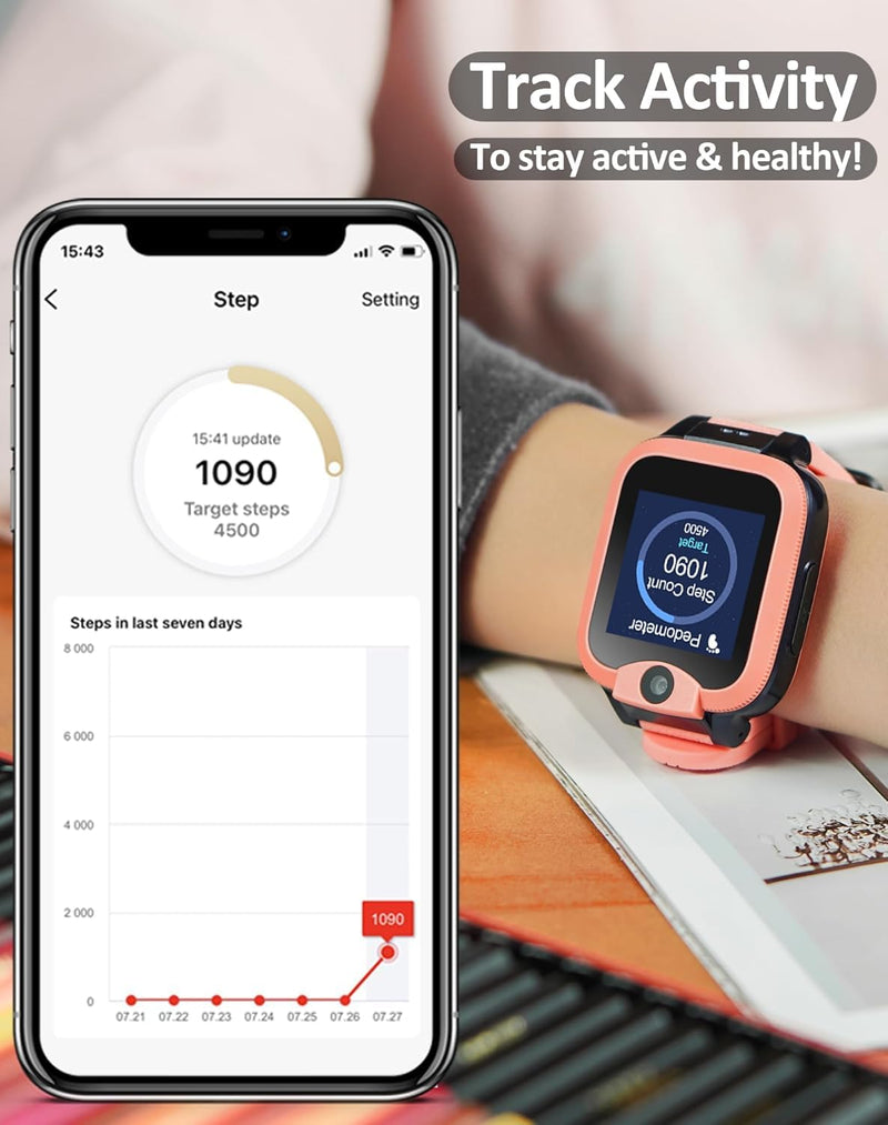 Easyfone KW2 4G Kids Smart Watch Phone with GPS Tracker, Calls, Chats, Pink | Smartwatch for Kids with Safe Calling, Activity, Parental Controls, SOS Button, Class Mode