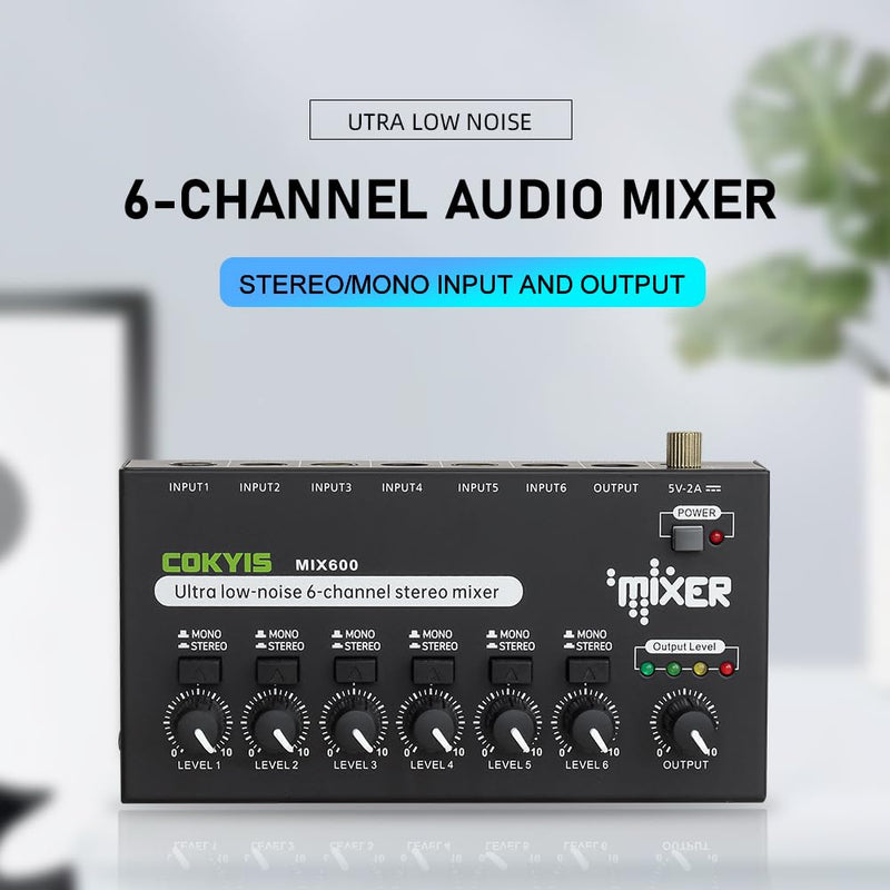 [AUSTRALIA] - Mini Audio Mixer, 6-Channel Stereo Line Mixer for Precision Sub-Mixing, with Ultra Low-Noise Operation, Independent Microphone Control, 1/4" TRS Input/Output-for Guitars, Bass, Stage Mixer 