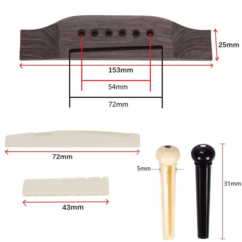 [AUSTRALIA] - 6 String Guitar Bridge Saddle Nut Pins Replacement Parts Set, Guitar Rosewood Bridge, 6Pcs Bridge Pins, End Pin, Guitar 6 String, Saddle and Nut Accessories for Acoustic Folk Guitar Black 