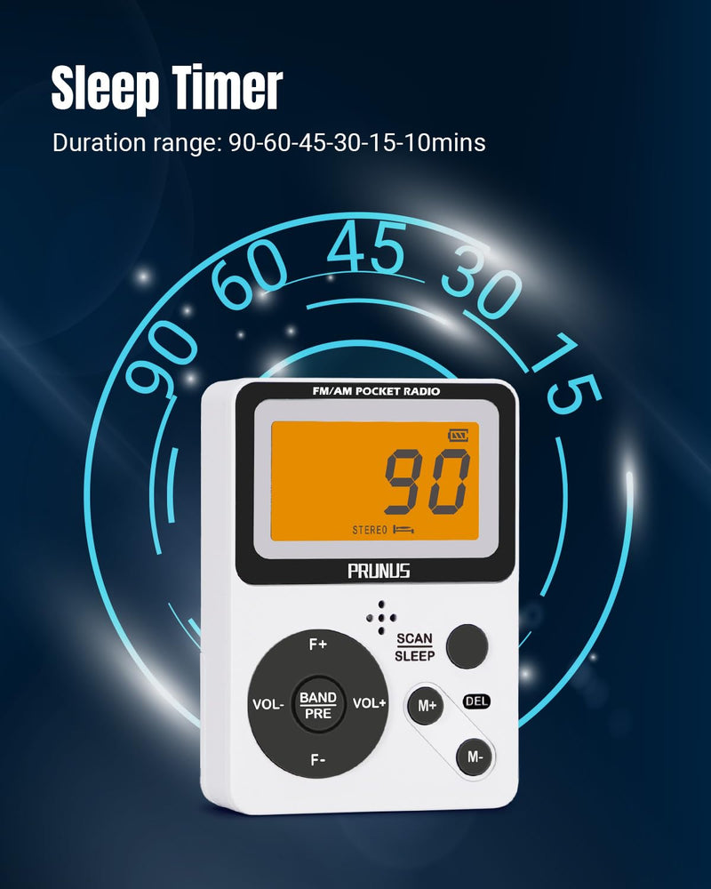 PRUNUS Pocket AM FM Radio Portable with Stereo Earphone, Battery Operated Radio by 2 AAA, Manual Preset, Large Screen, Lock Key Walkman Radio, Sleep Timer, Mini Radio, Digital Radio J-159(No Speaker)