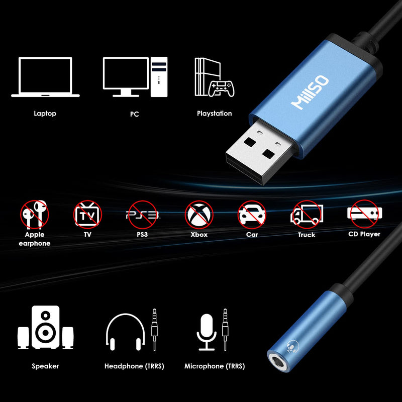 MillSO USB to 3.5mm Audio Jack Adapter TRRS USB to Aux Audio Jack 3 Feet | Sapphire Blue, Metal Shell, Premium External Stereo USB Sound Card for Headphone, Speaker, PS4, PS5, PC, Laptop, Desktop