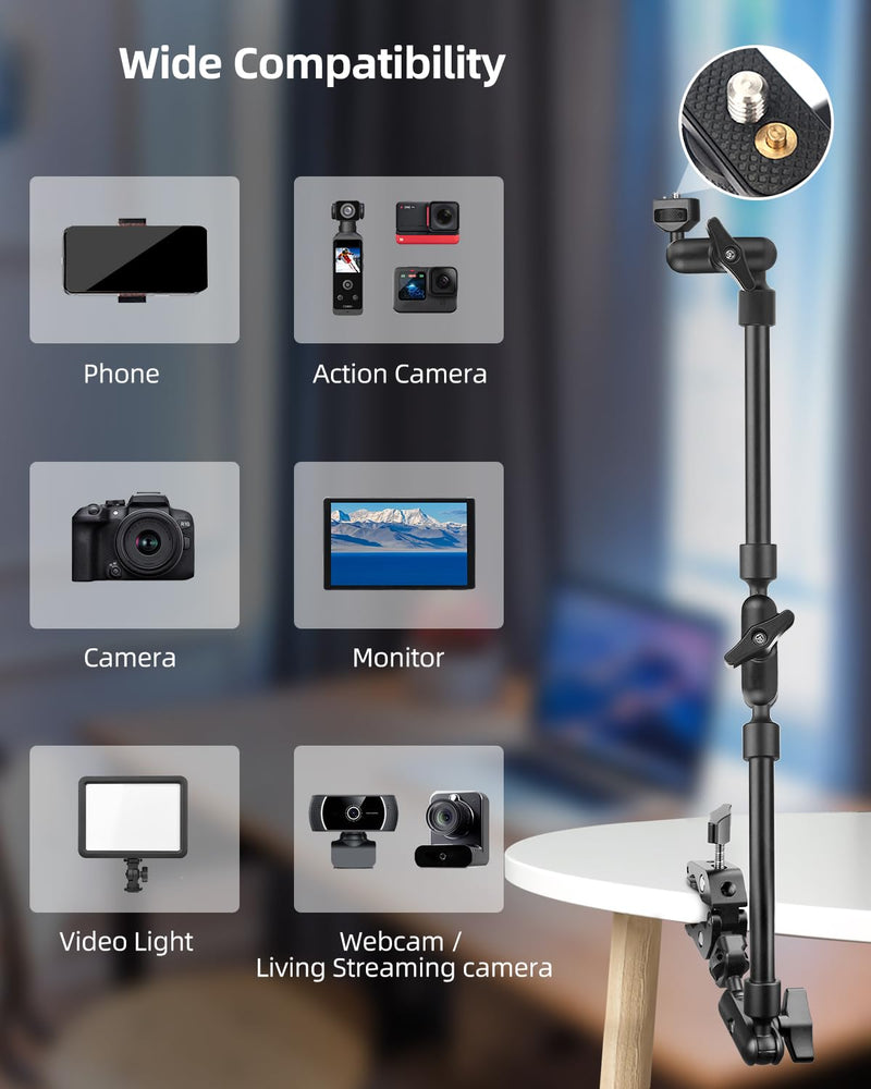 [AUSTRALIA] - 22" Magic Arm w Clamp, Overhead Phone Mount, Desk Camera Mount w Articulating Friction Boom Arm Thread Adapter, for Phone Video Light Webcam Microphone Action Camera Content Creators 22IN-BK 