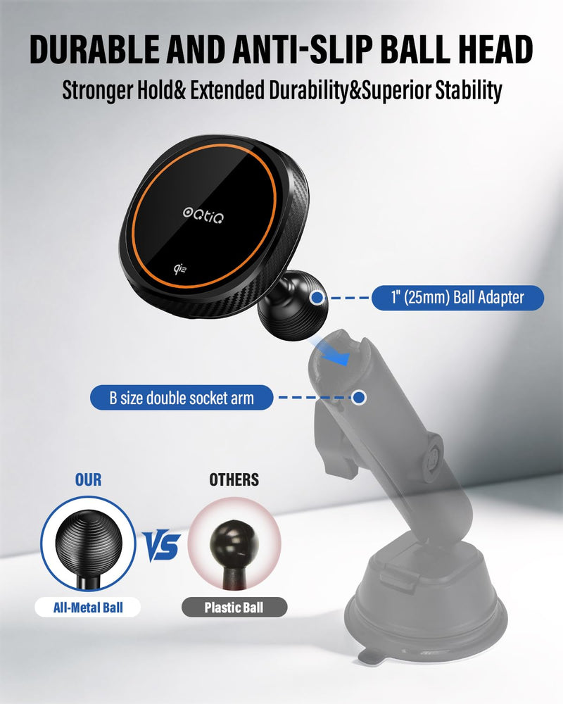 OQTIQ Qi2 15W Magnetic Car Charger for MagSafe with 25mm Ball Mount | Compatible with RAM Mounts,Magnetic Wireless Charger with Metal 25mm Ball Mount for MagSafe