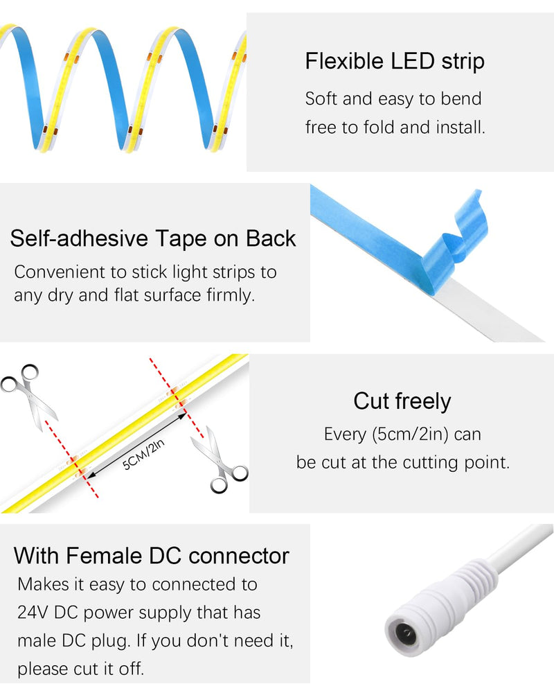 [AUSTRALIA] - ALITOVE 32.8ft COB Led Strip Light White 6500K Super Bright 24V LED Rope Lights with Remote Dimmable 3200LEDs CRI90+ Uniform Glow LED Tape Light for Mirror Under Cabinet Living Room Study Wardrobe 32.8FT 24V Daylight White(With Power) 