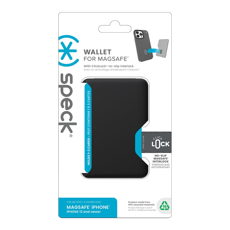 Speck iPhone Wallet MagSafe Accessory - Removable ClickLock No-Slip Interlock - Holds 1-3 Cards - Soft Touch Finish, Scratch Resistant Card Holder Built for MagSafe - Black ClickLock Wallet - Black